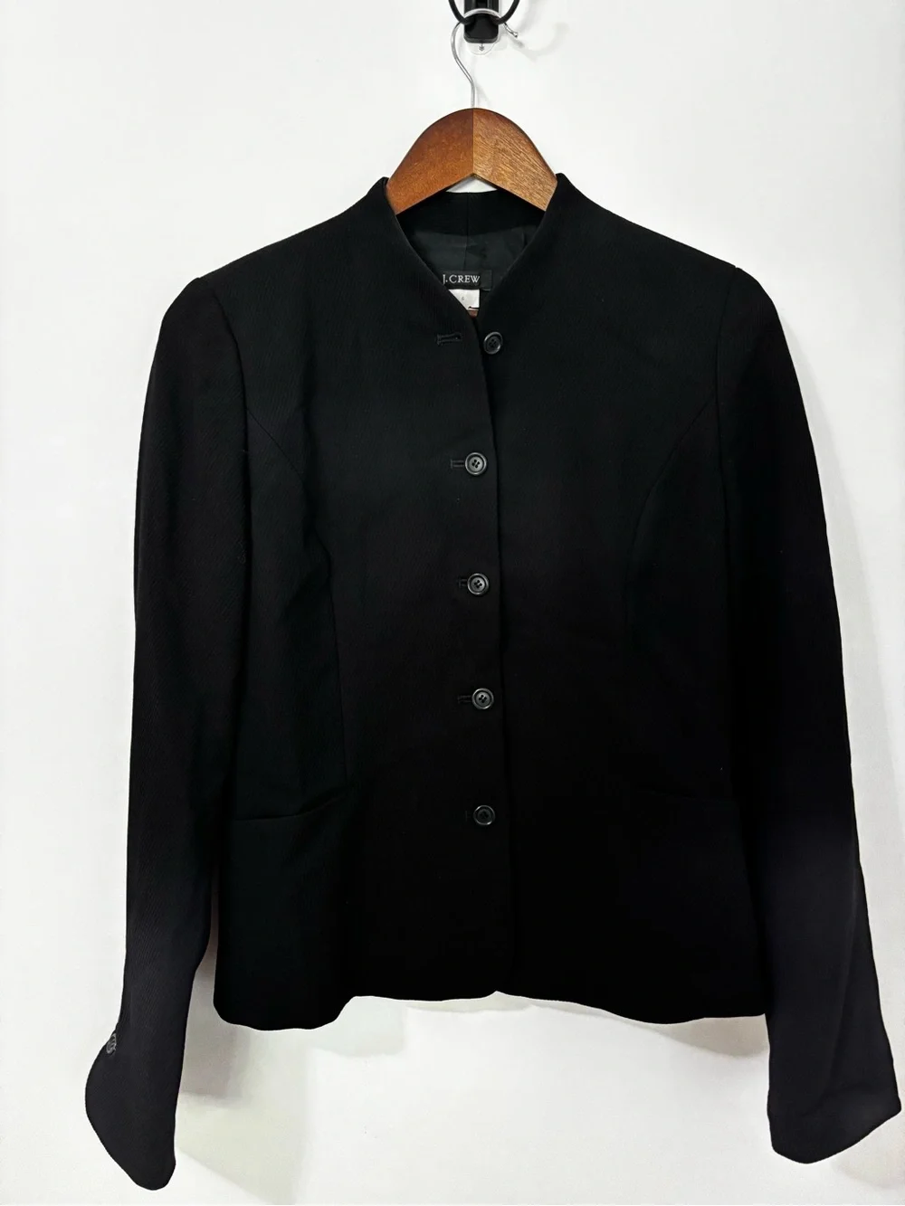 J.Crew Black Wool Blend Mandarin Collar Blazer Jacket Size 6 Vintage Style